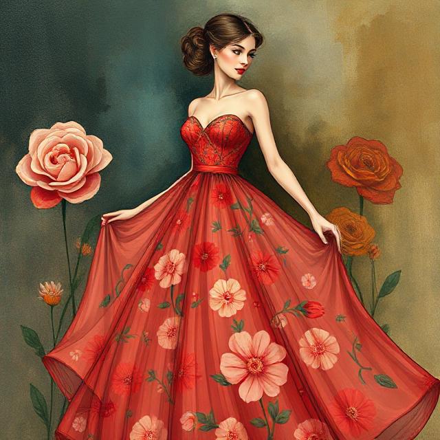 Floral chiffon tulle prom dress